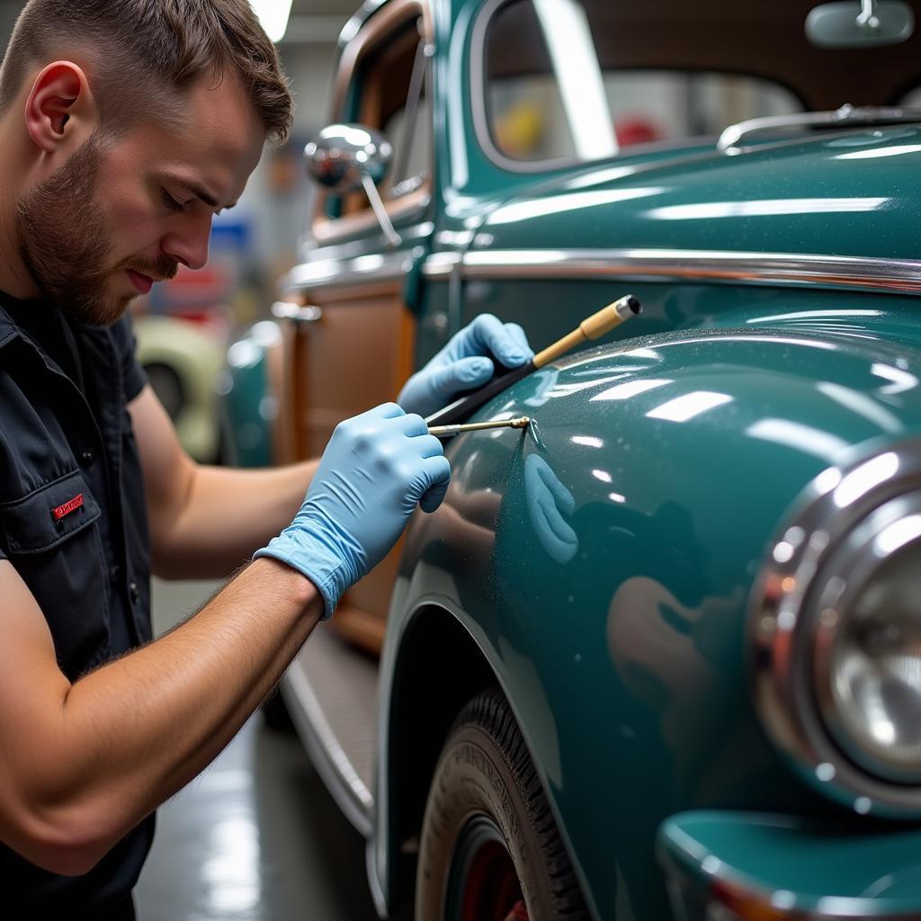 Car enthusiast meticulously detailing a classic car