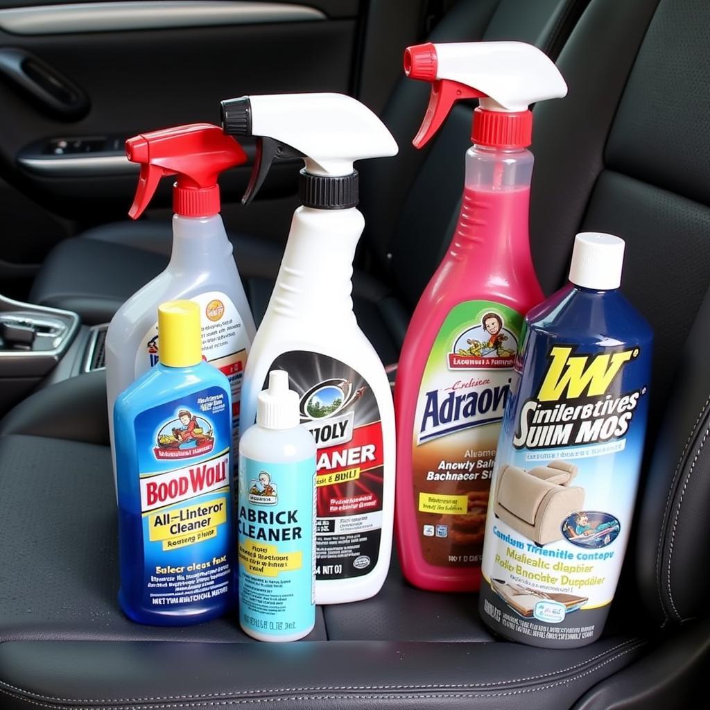 Various car interior cleaning products displayed on a car seat