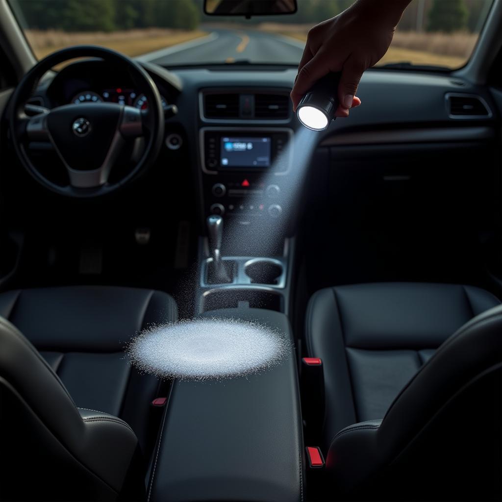 Inspecting car interior with a flashlight