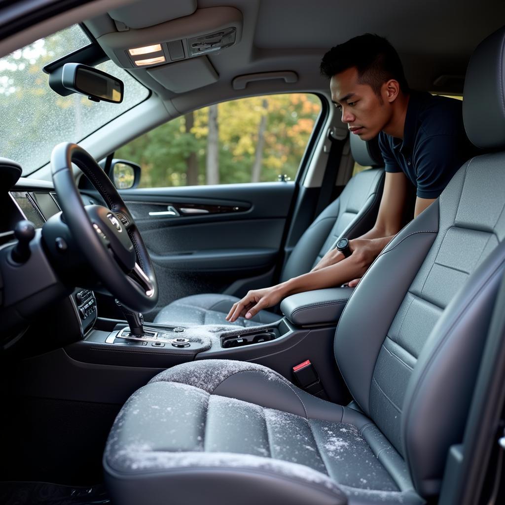 Professional steam cleaning a car interior for smoke odor removal