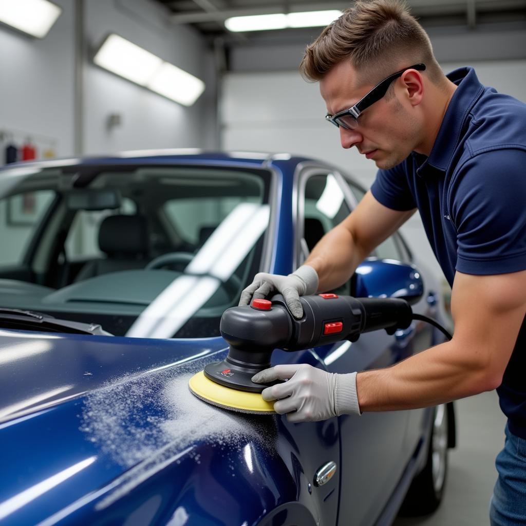 Professional car detailer performing paint correction on a vehicle's surface using a polishing machine