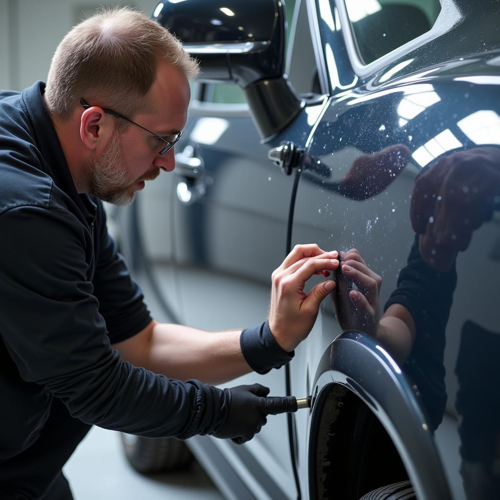 Car Detailer Inspecting Scratches on a Vehicle