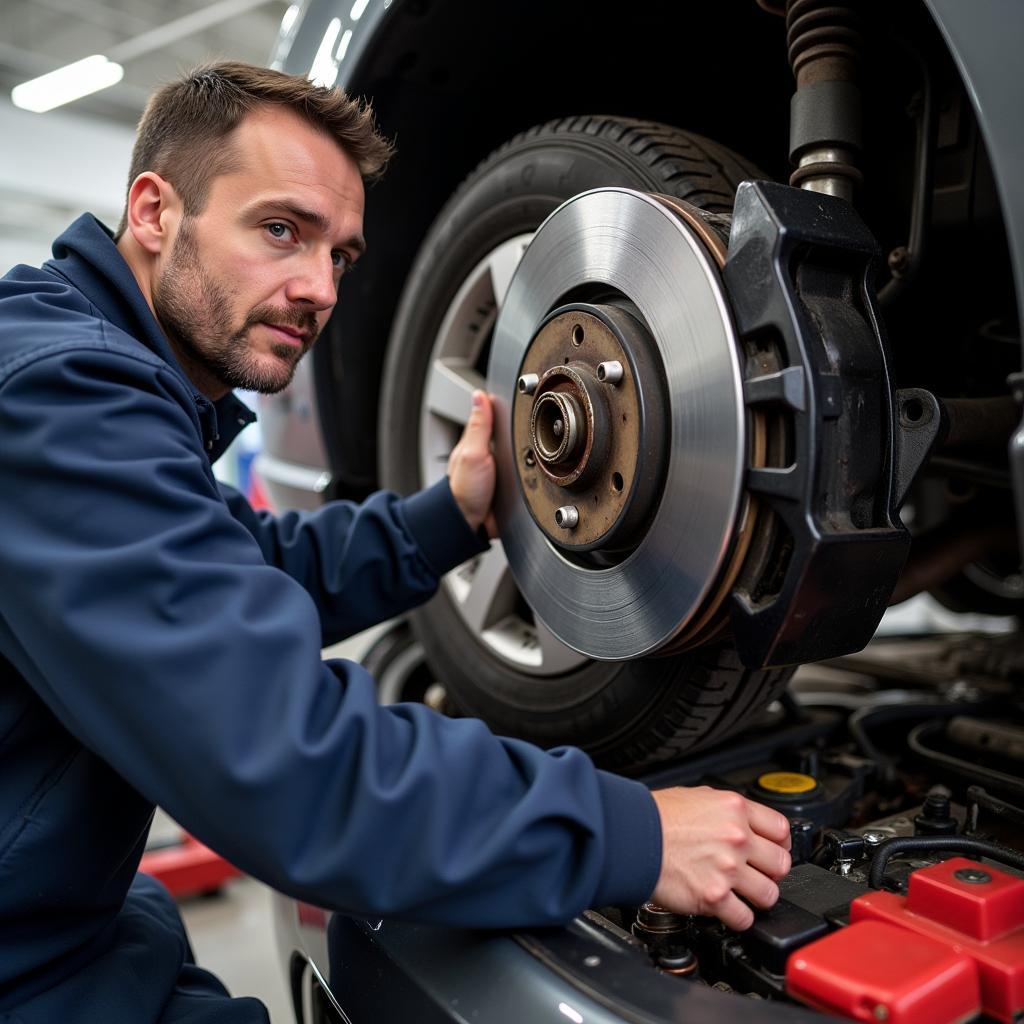 Mechanic checking brake fluid level under the hood