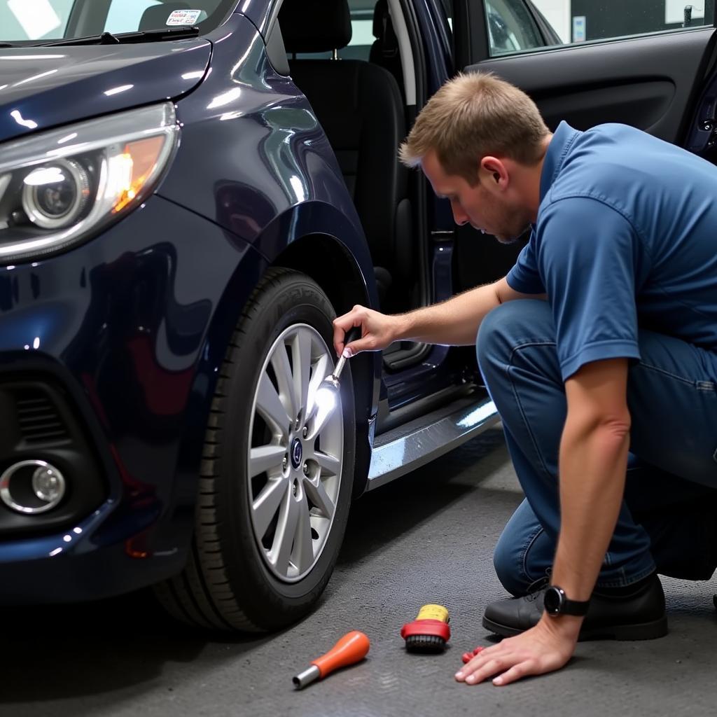 Inspecting a car for signs of previous accident damage