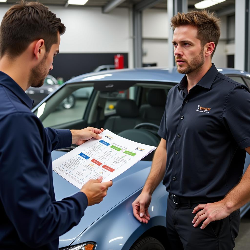 A person consulting with a car detailer about different service packages.