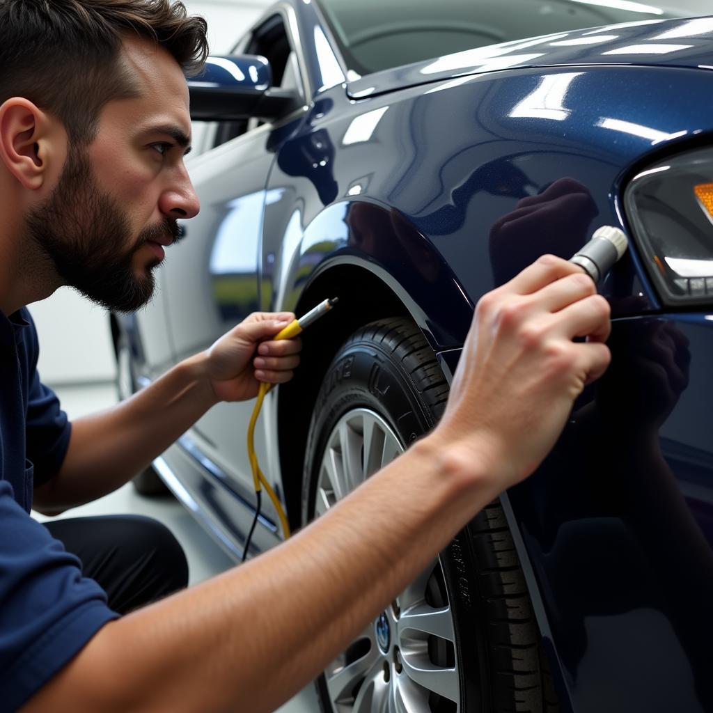 A professional car detailer inspecting a vehicle's paint