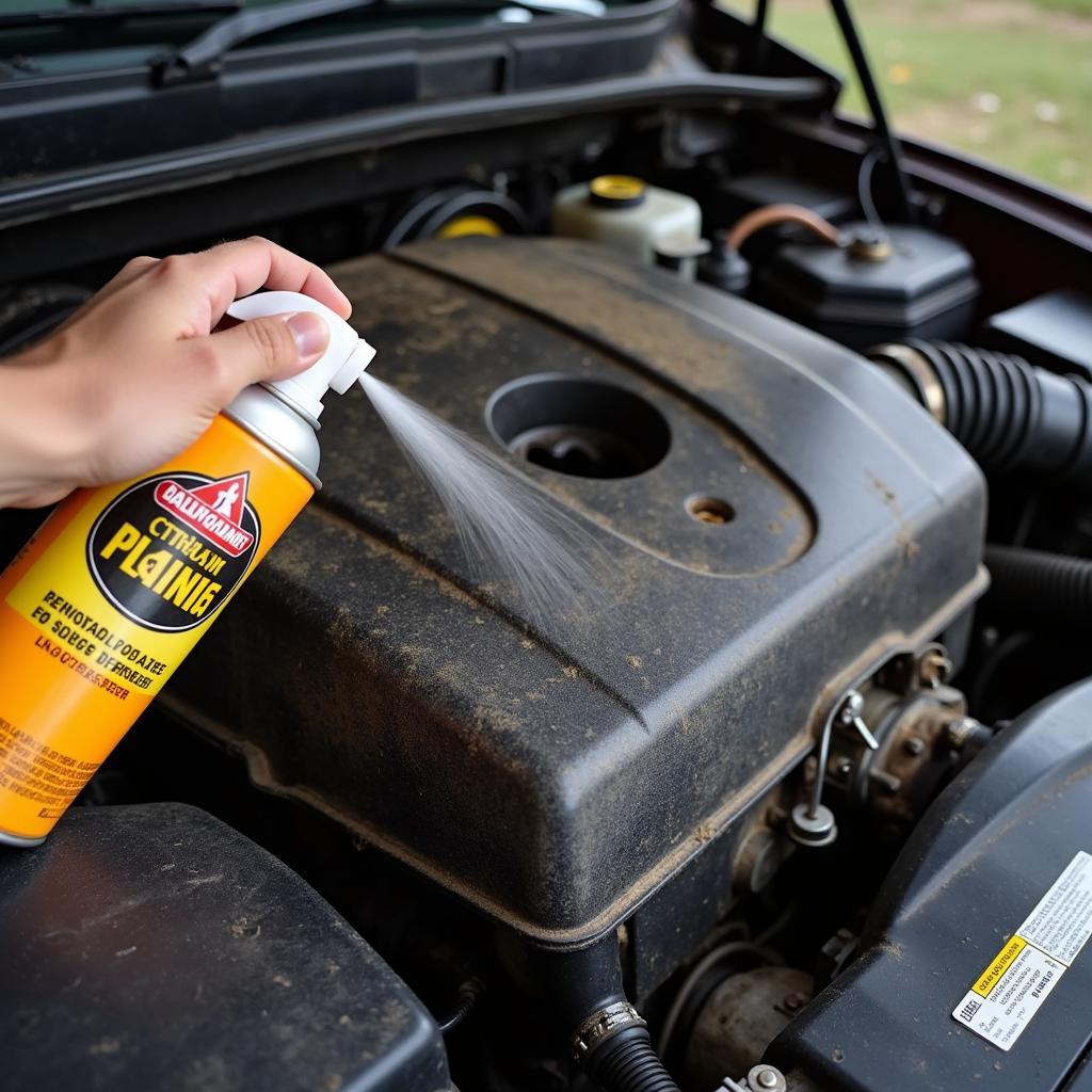 Citrus-Based Engine Degreaser Spraying on Engine Block