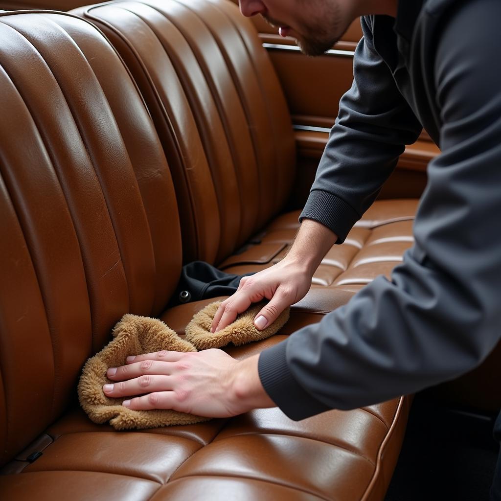 Skilled technicians restore a classic car's leather interior to its former glory.