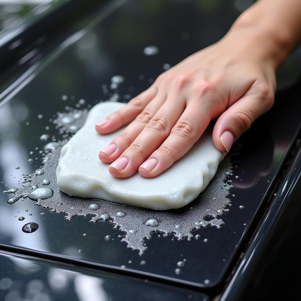 Clay bar treatment being applied to car paint