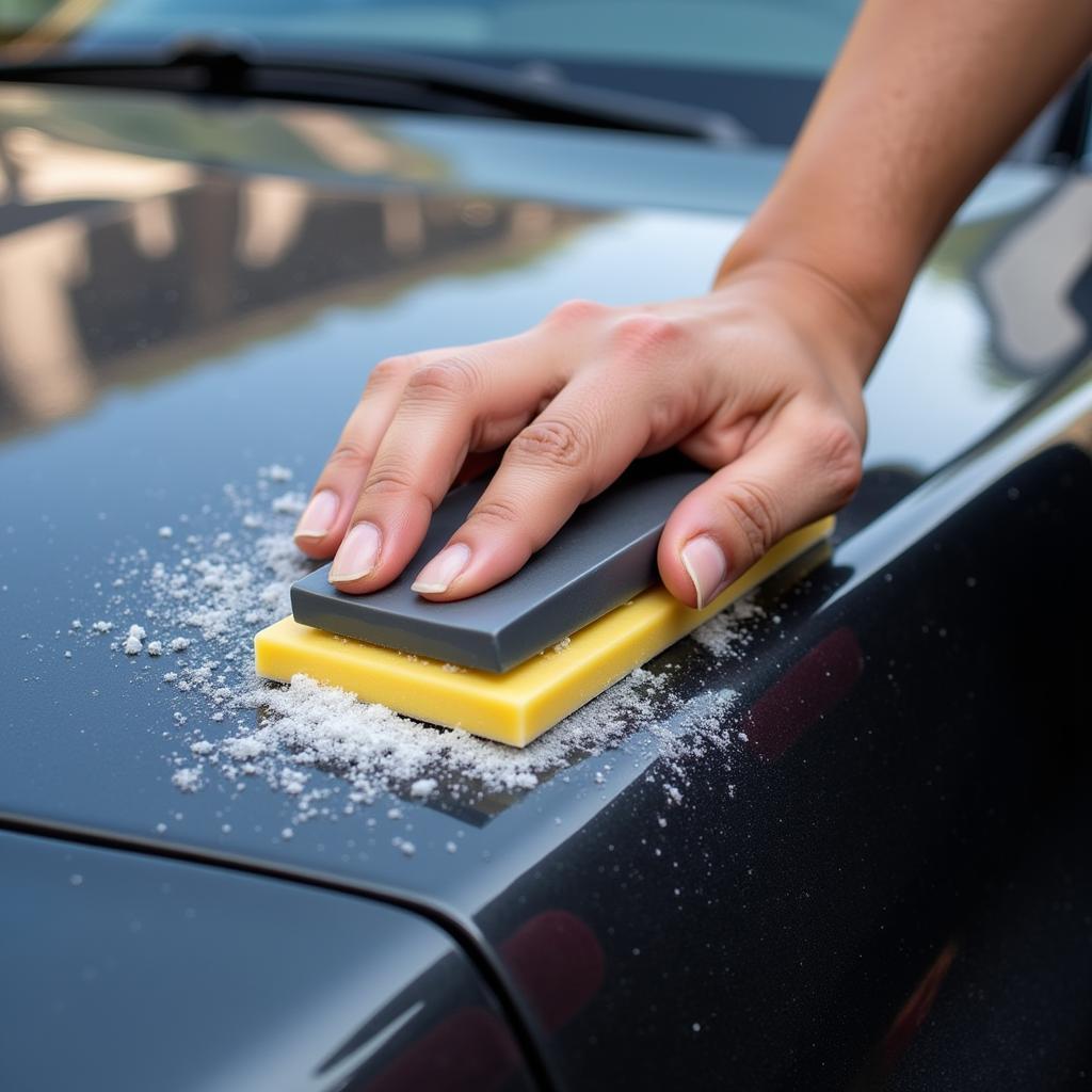 Applying clay bar with lubricant on car paint during detailing