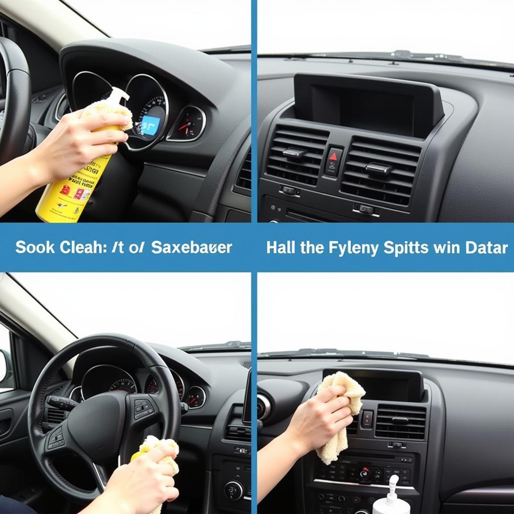 A person cleaning the plastic dashboard of a car with a microfiber cloth and appropriate cleaning solution.