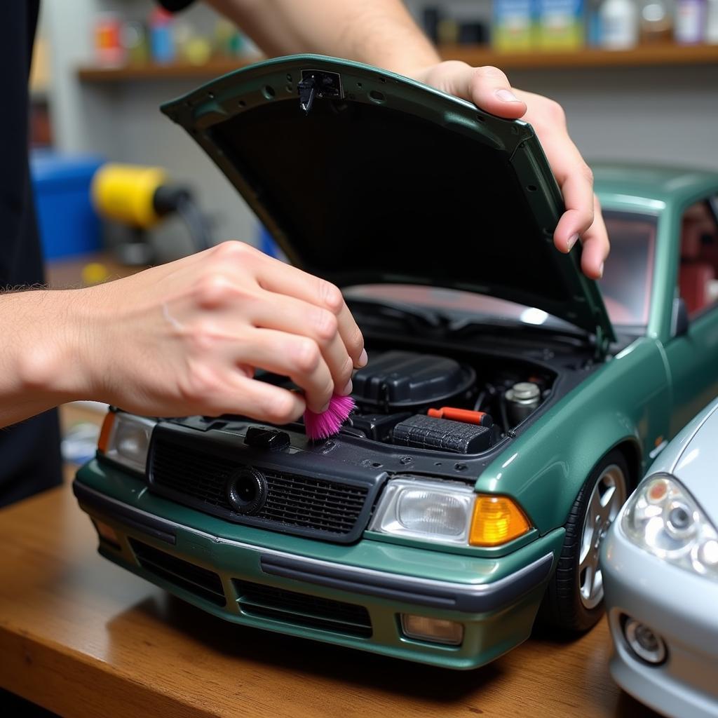 Cleaning a Model Car Engine Bay with a Soft Brush