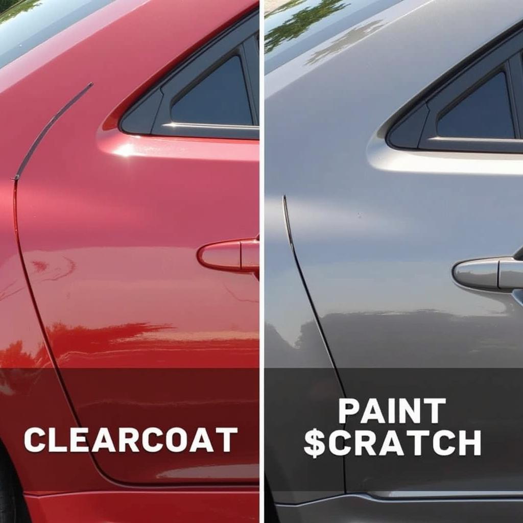 Car paint layers showing clearcoat scratch and deep paint scratch