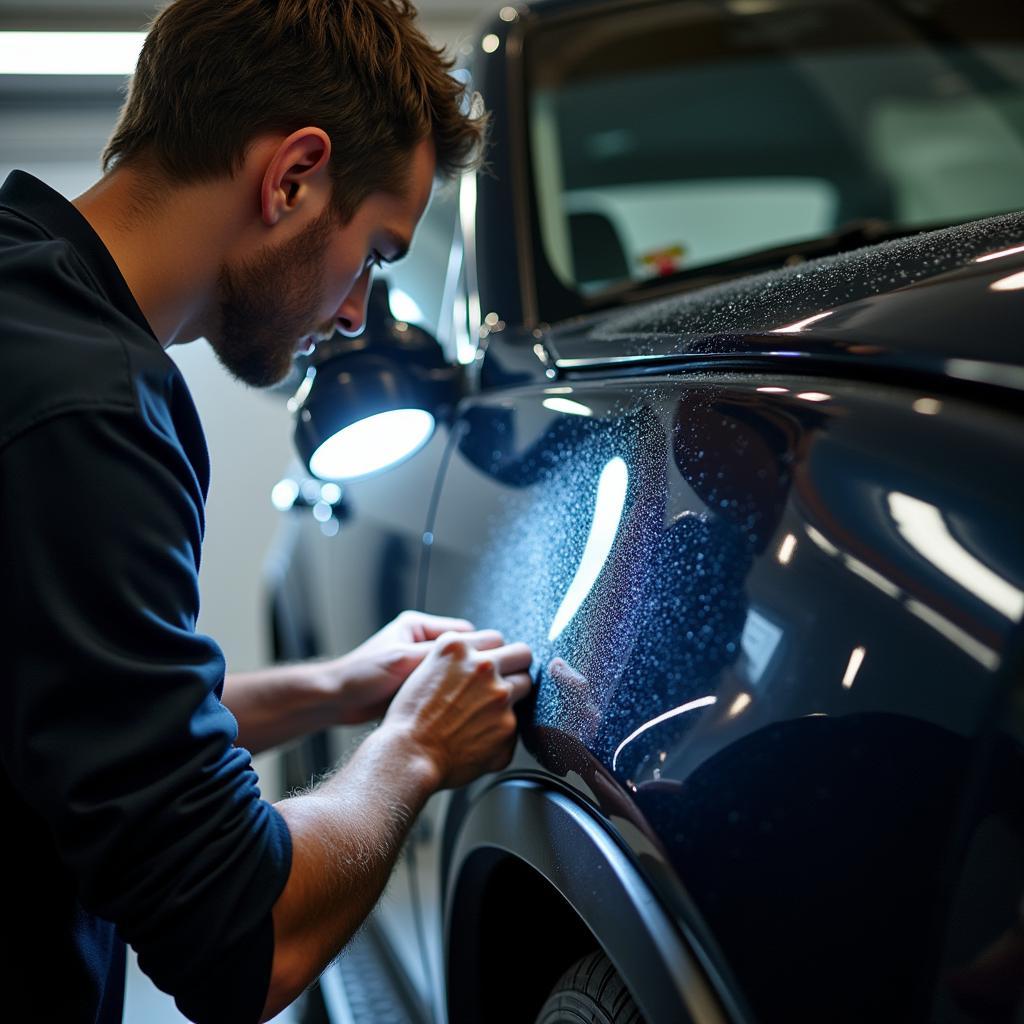 Detailer inspecting car paint for imperfections