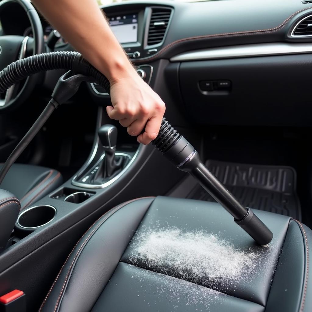 Detailer steam cleaning a car interior