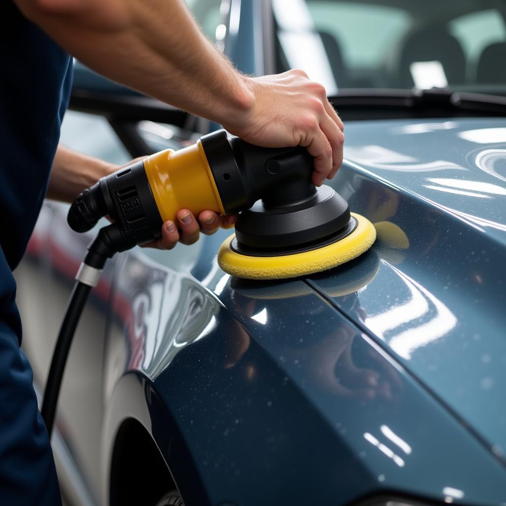 Detailer meticulously working on a car's paint