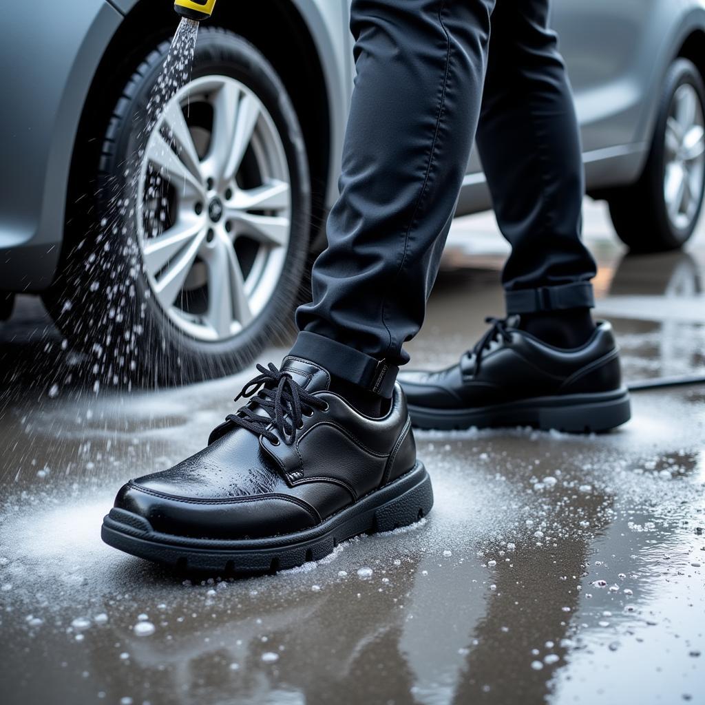 Water-resistant detailing shoes protecting feet from splashes during car wash