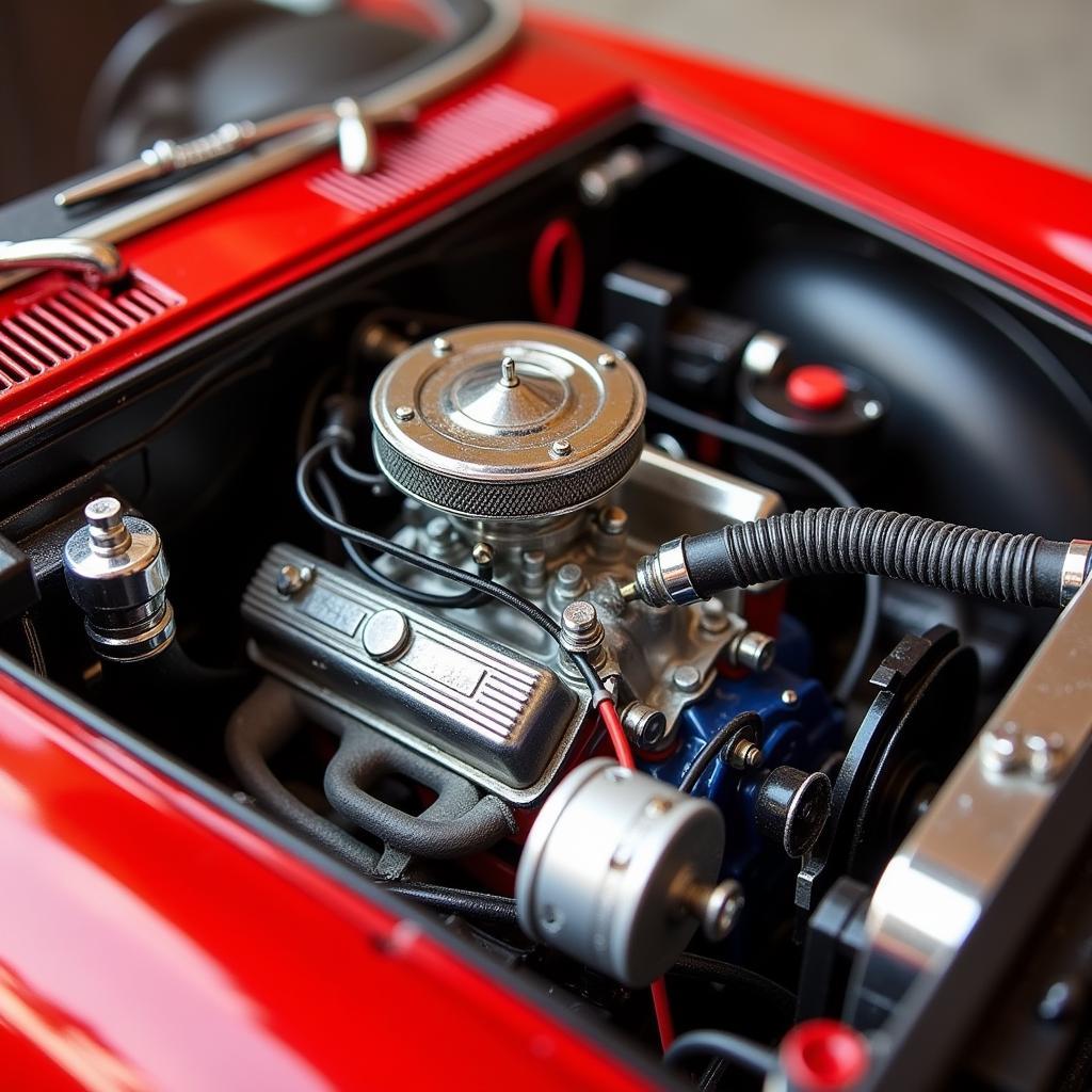 Close-up shot of the engine bay of a diecast car, showcasing the intricate wiring, hoses, and components.