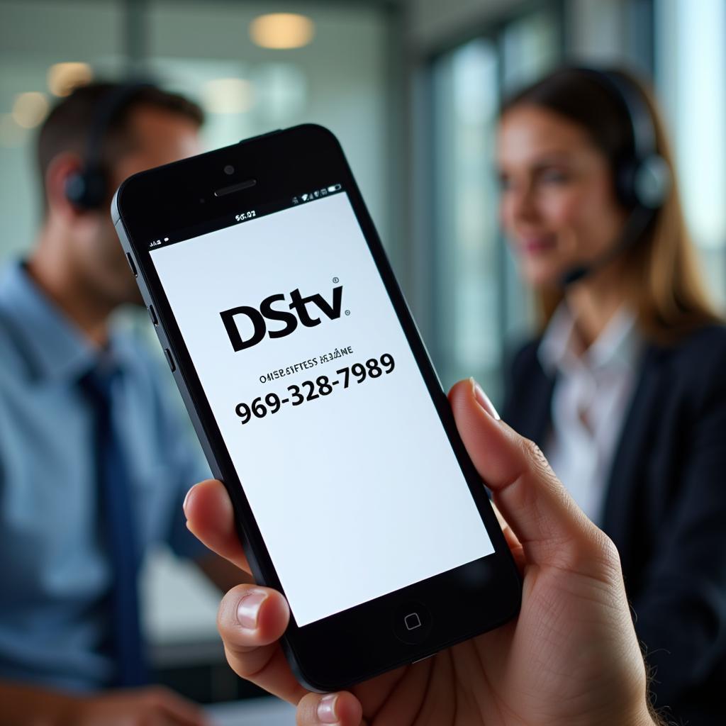 DStv customer care phone number displayed on a mobile phone