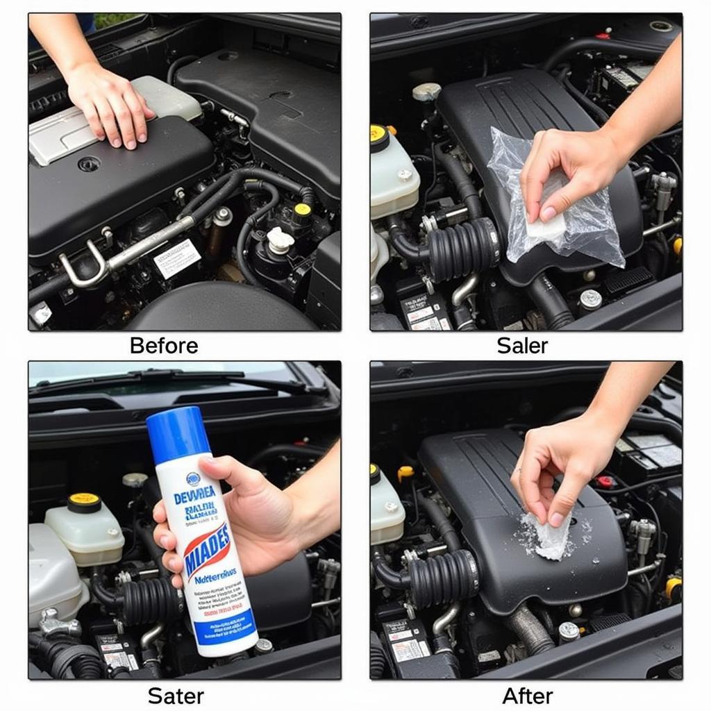 Engine bay detailing: Cleaning a car engine with degreaser and brushes. The image shows a person carefully applying degreaser and using brushes to clean different parts of the engine bay.