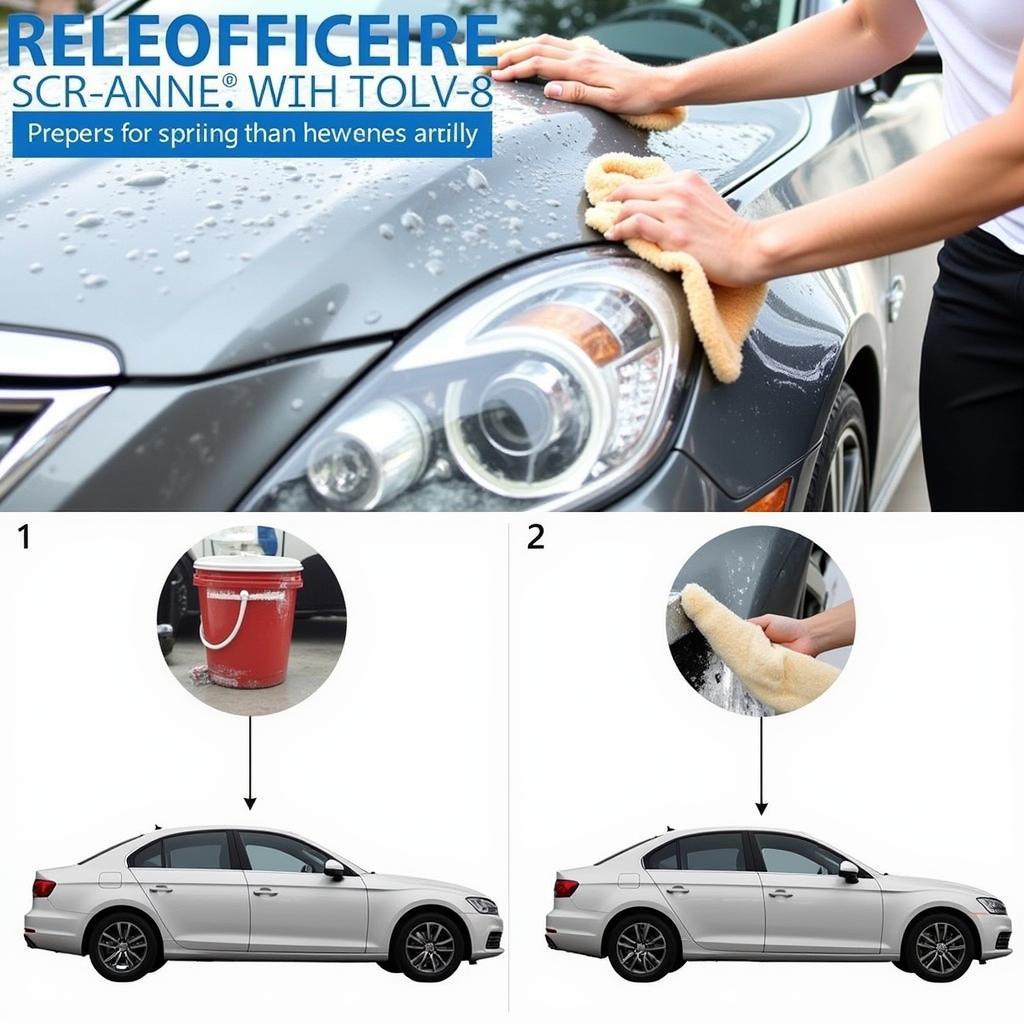 Exterior car detailing: Washing and drying a car with the two-bucket method to prevent swirls and scratches. The image shows a person using a wash mitt and two buckets, one with soapy water and one with clean water for rinsing.