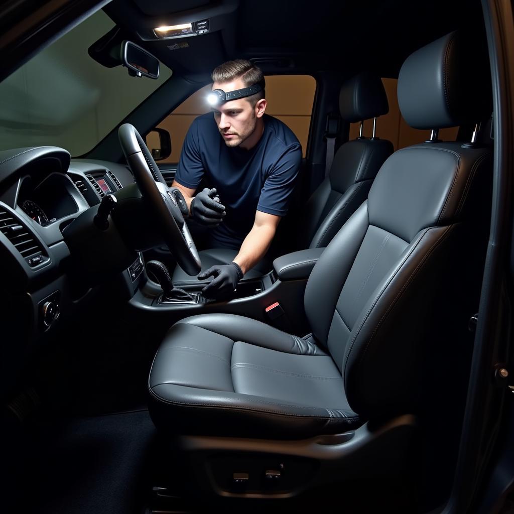 Mechanic using a hands-free detailing light in a dimly lit garage