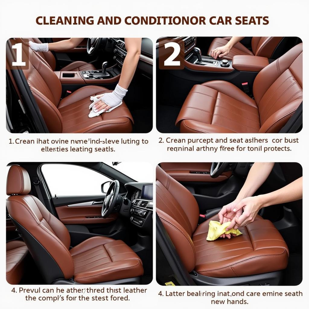 Interior car detailing: Cleaning and conditioning leather car seats with specialized products. The image shows a person applying leather cleaner and conditioner to a car seat using a microfiber cloth.