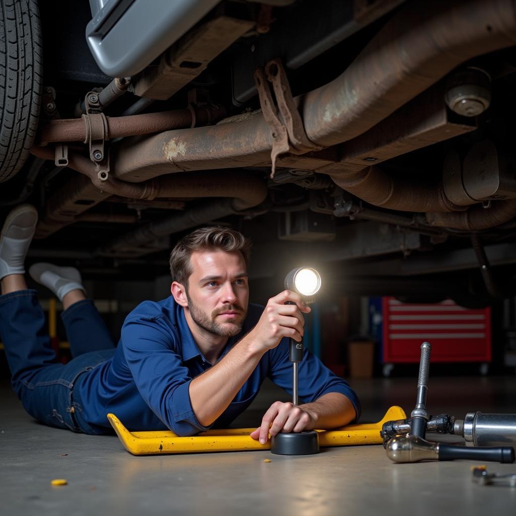 Mechanic inspecting the undercarriage of a used car.