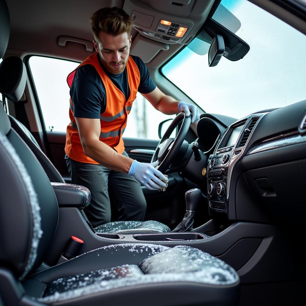 A mobile car detailing professional working on a vehicle