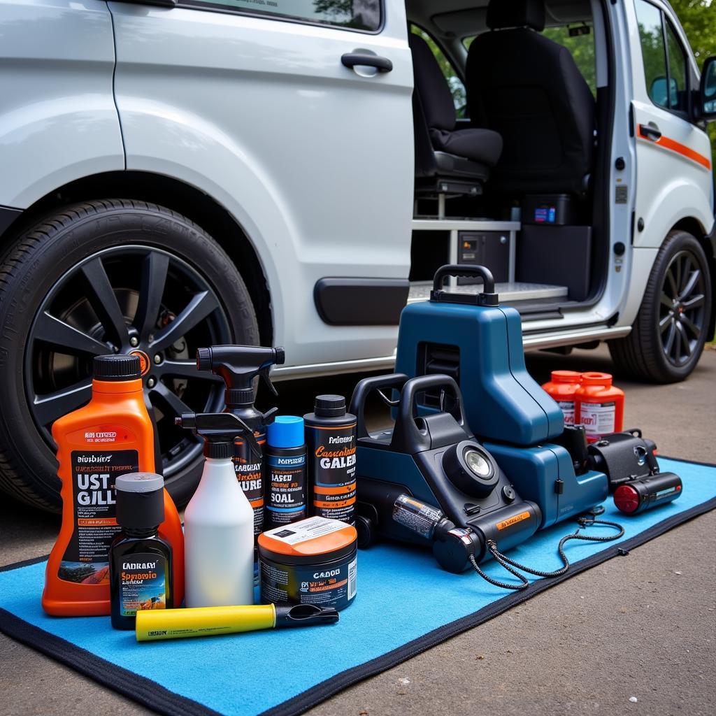 Mobile car detailing supplies laid out and ready to use