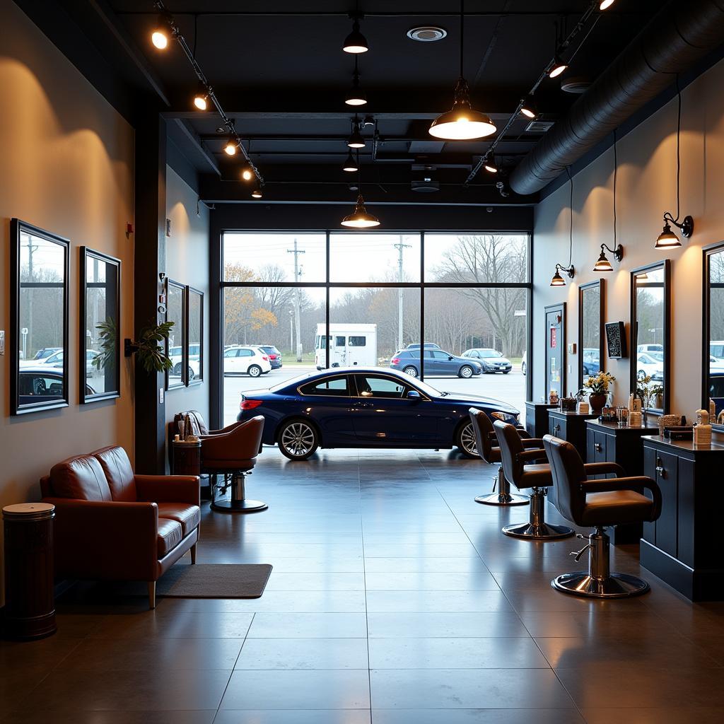 Modern Barber Shop Interior with Car Detailing View