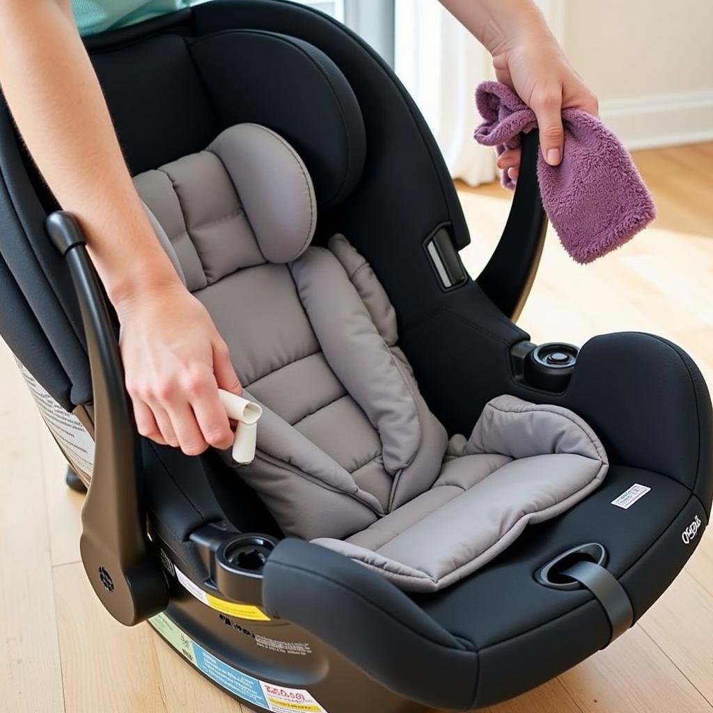 Parent Cleaning Baby Car Seat with Microfiber Cloth