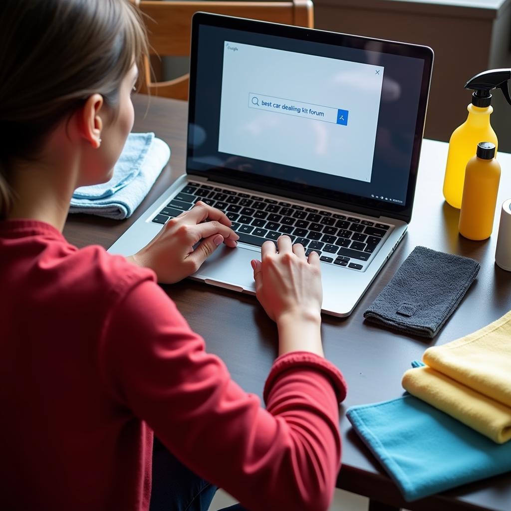 A person searching for "best car detailing kit forum" on their laptop, surrounded by car detailing supplies.