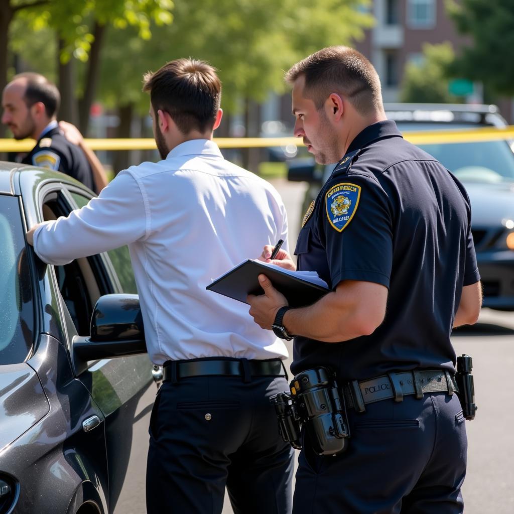 Police officer taking a statement at the scene of a car accident.