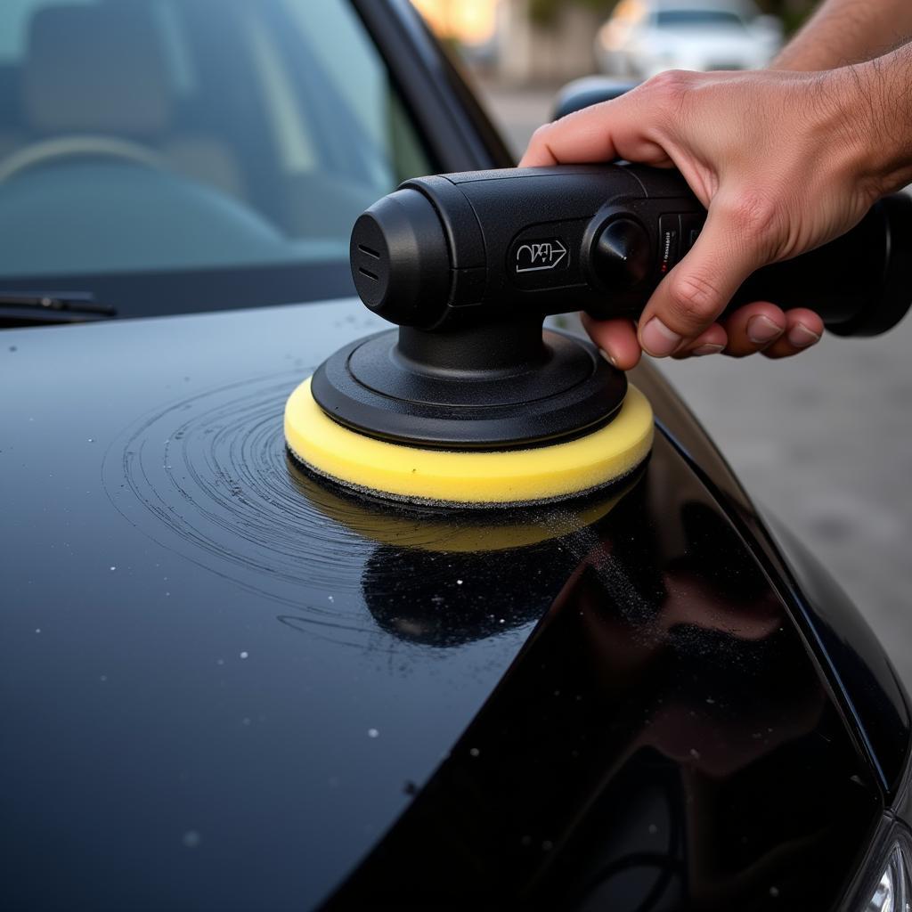 Polishing a black car with a dual-action polisher