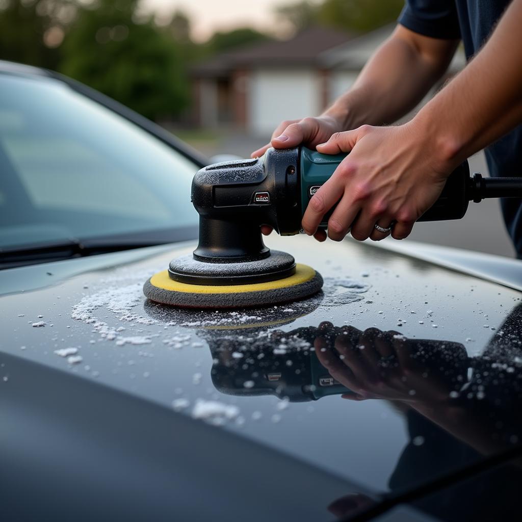 Detailer using a polisher on a car