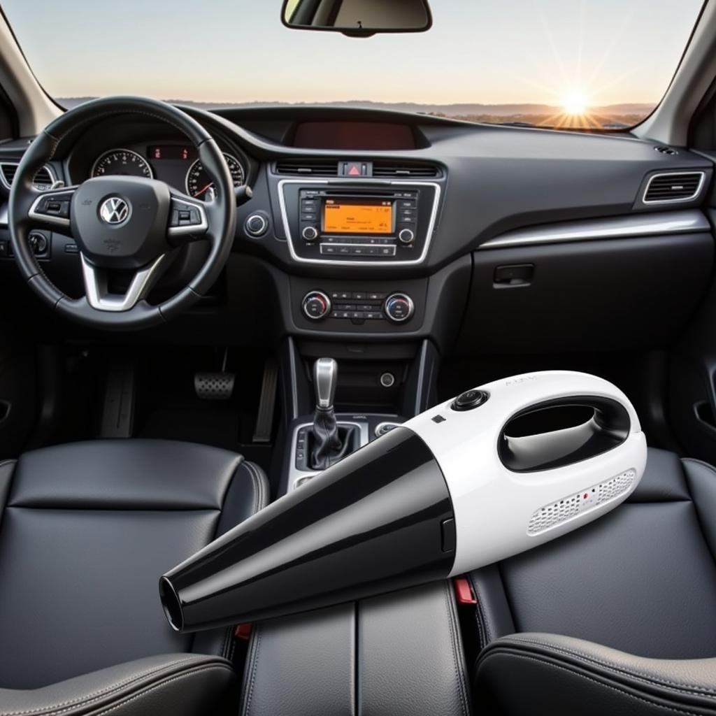 A sleek, portable car vacuum cleaner presented against a backdrop of a car interior, highlighting its utility as a gift for car owners.