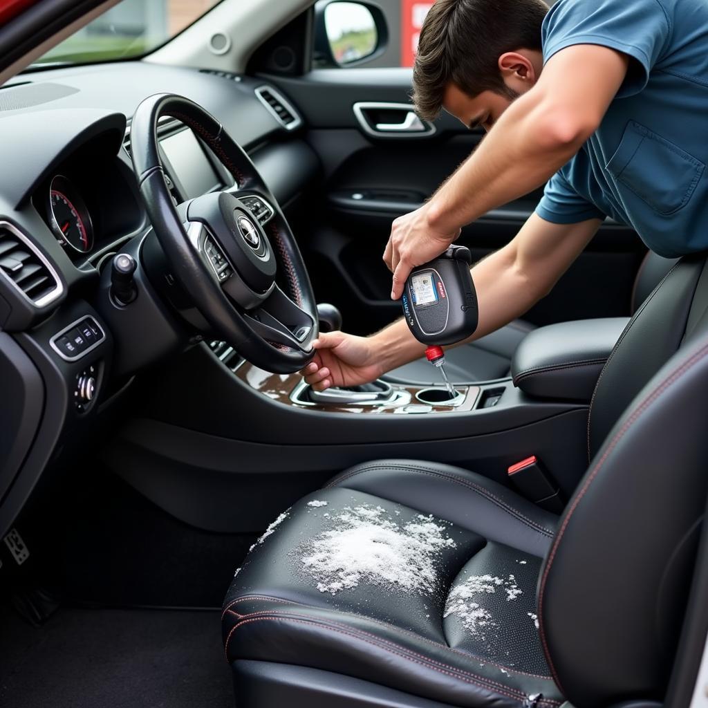 Professional auto detailer meticulously working on a car's interior