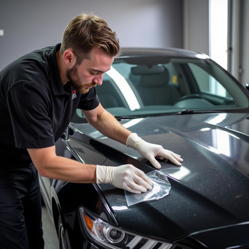 Skilled car detailer applying paint protection film