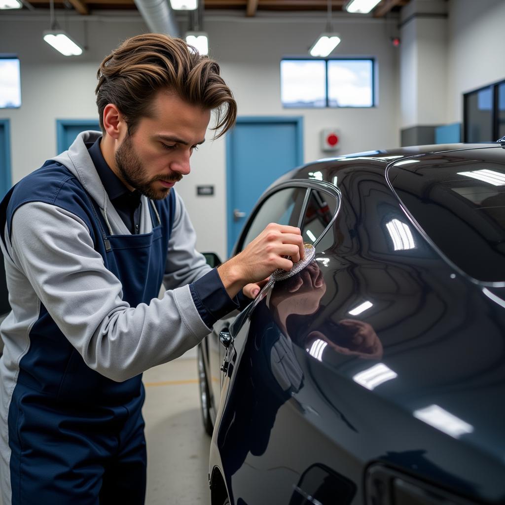 Professional car detailer working