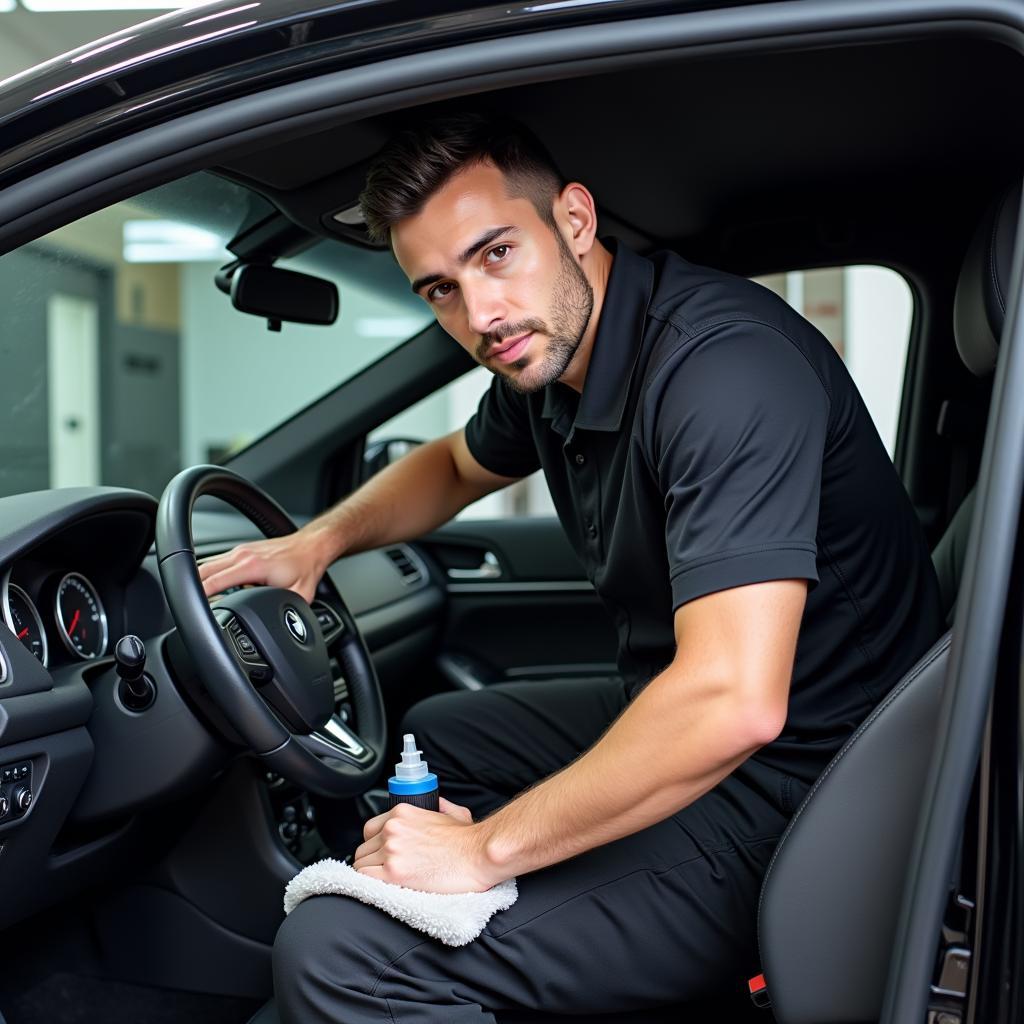 Professional Car Detailer at Work