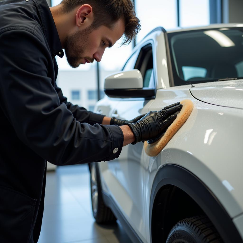 Professional Car Detailer at Work