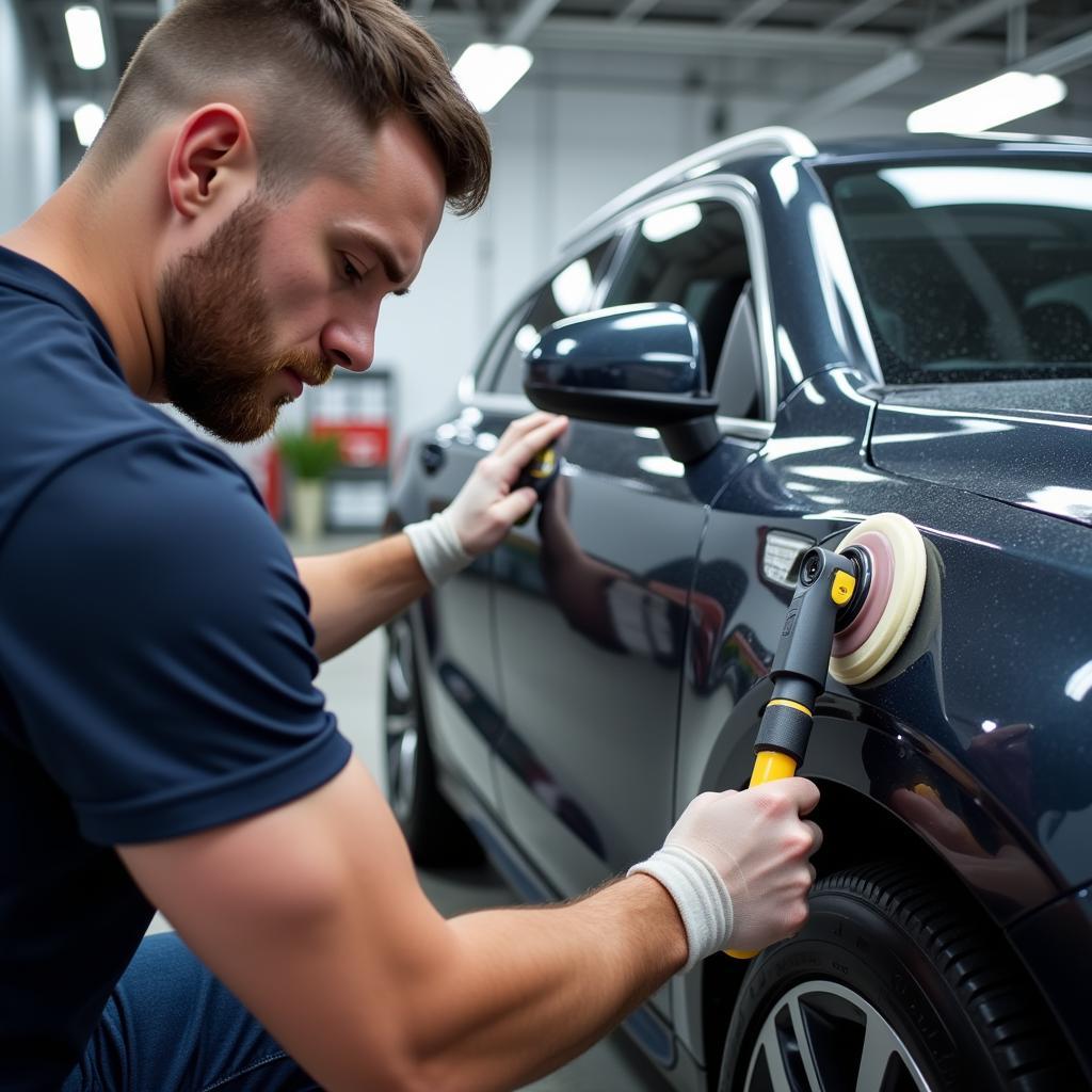 Professional Car Detailer at Work with Specialized Tools