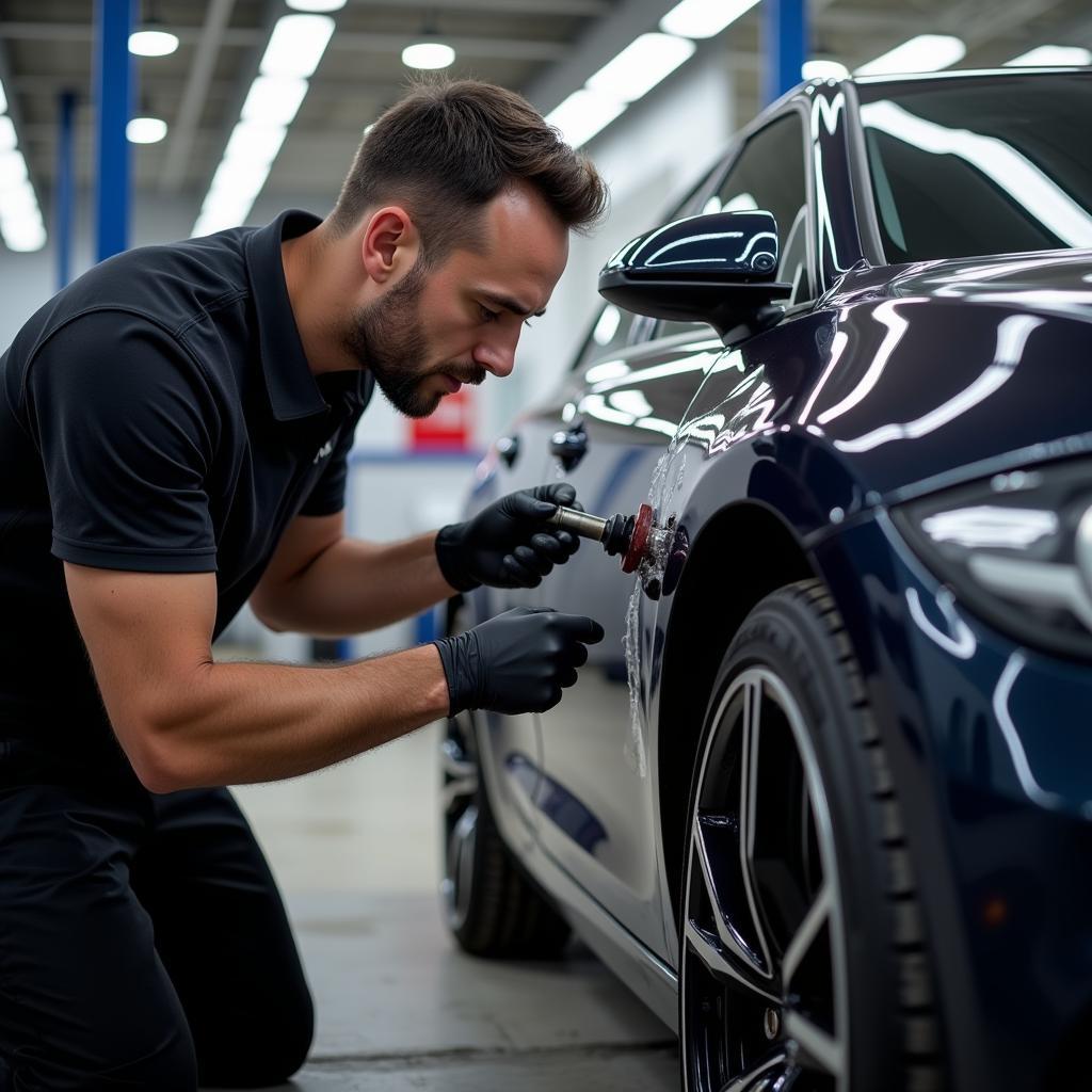 Professional Car Detailer at Work