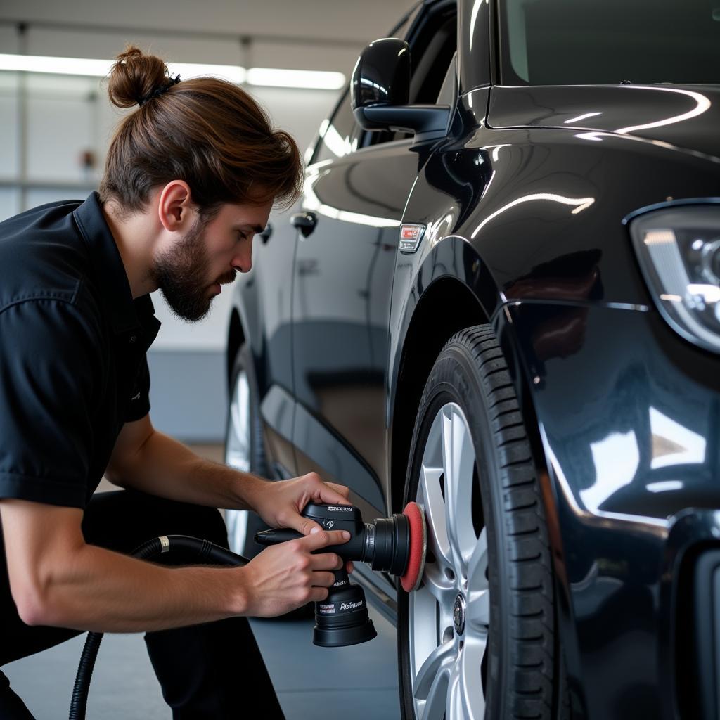 Professional Car Detailer Polishing a Car