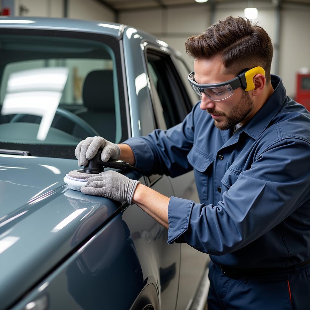 A professional car detailer meticulously polishing the paint of a car.