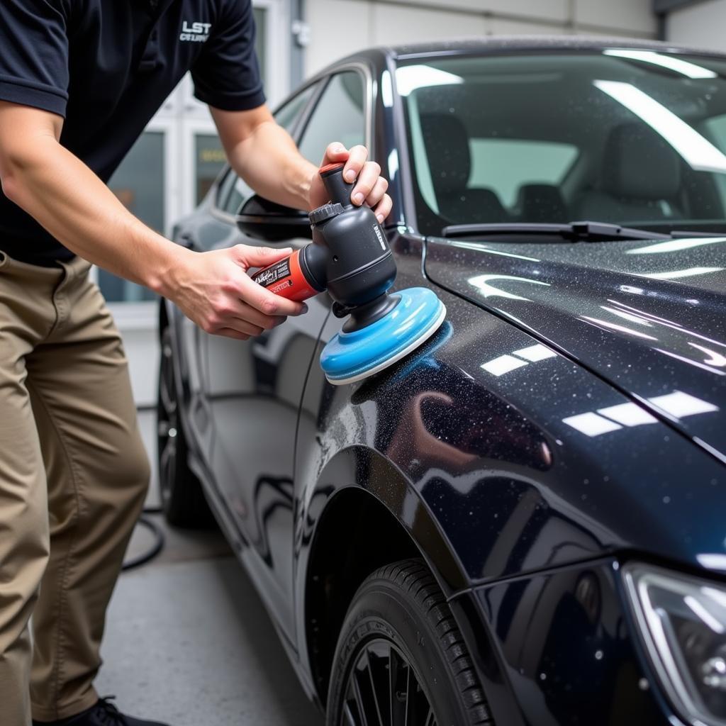 Professional Car Detailing Exterior - A car undergoing an exterior detailing process, showcasing the various stages, from washing and drying to polishing and waxing.