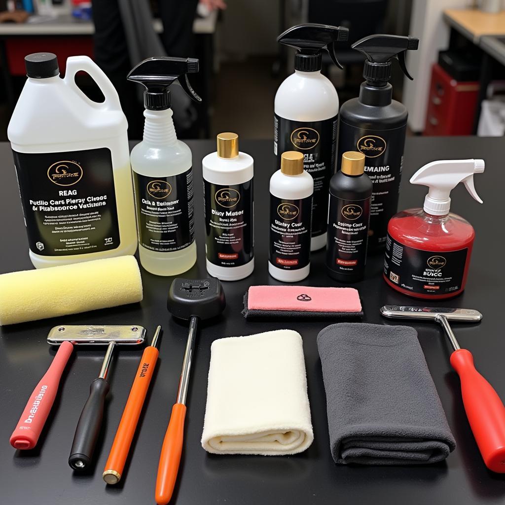 Professional car detailing tools and products.