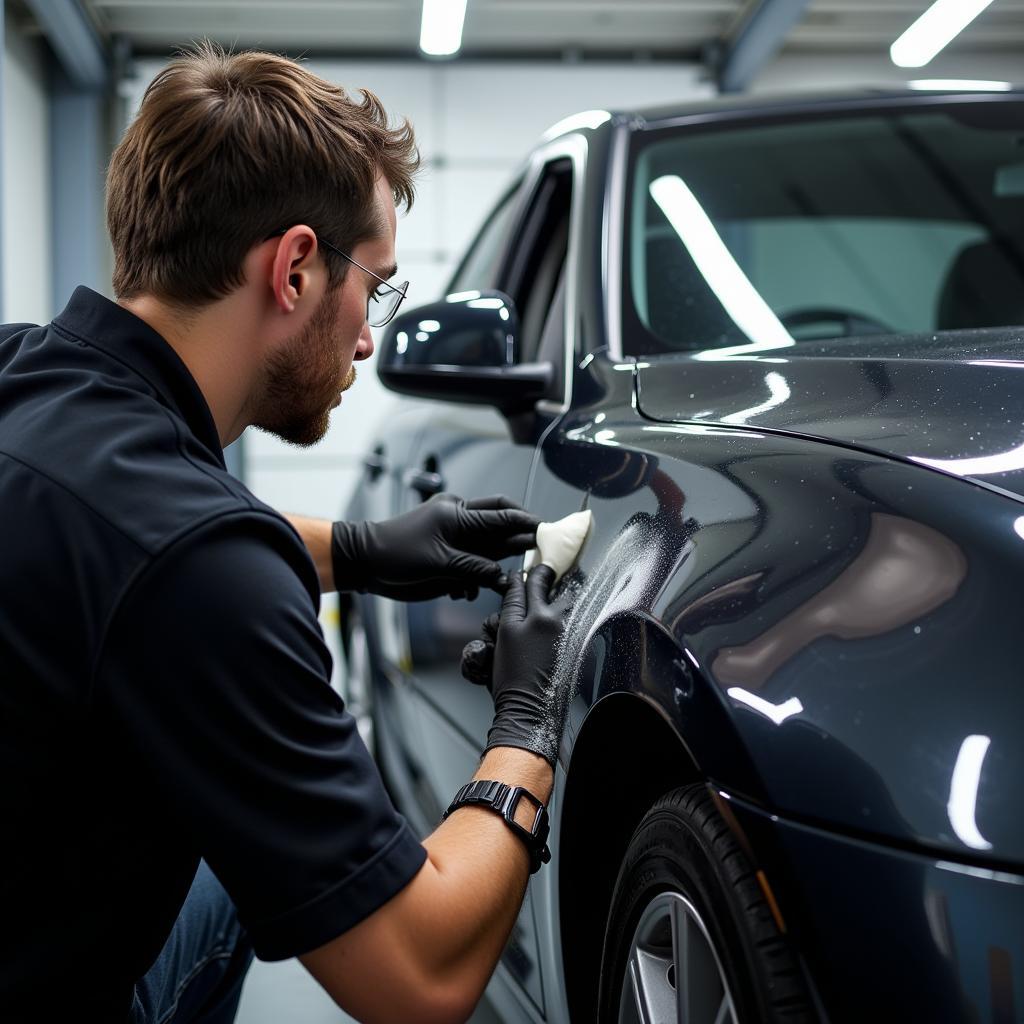 Professional detailer applying a ceramic coating to a car's paintwork