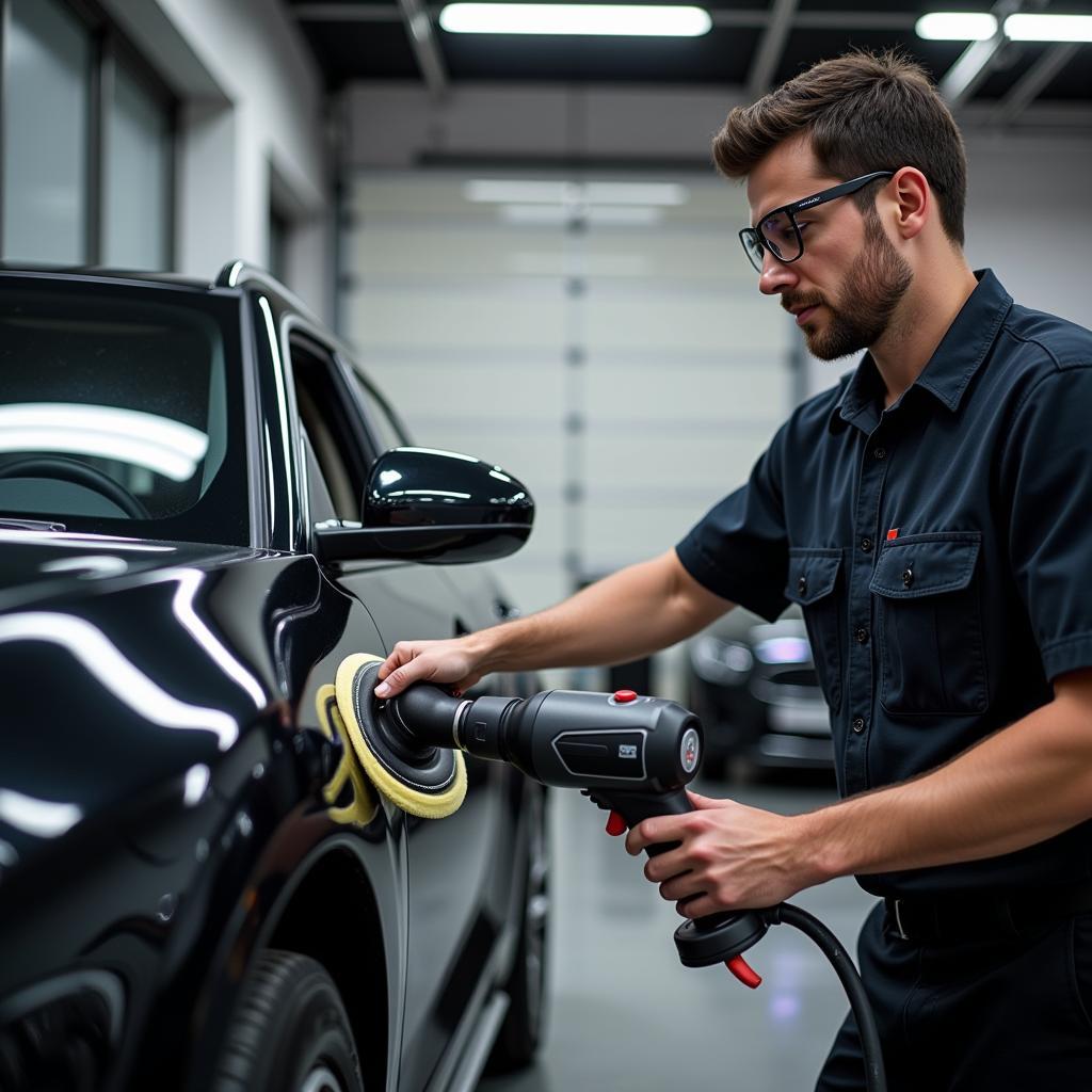 Professional detailer meticulously working on a car's exterior